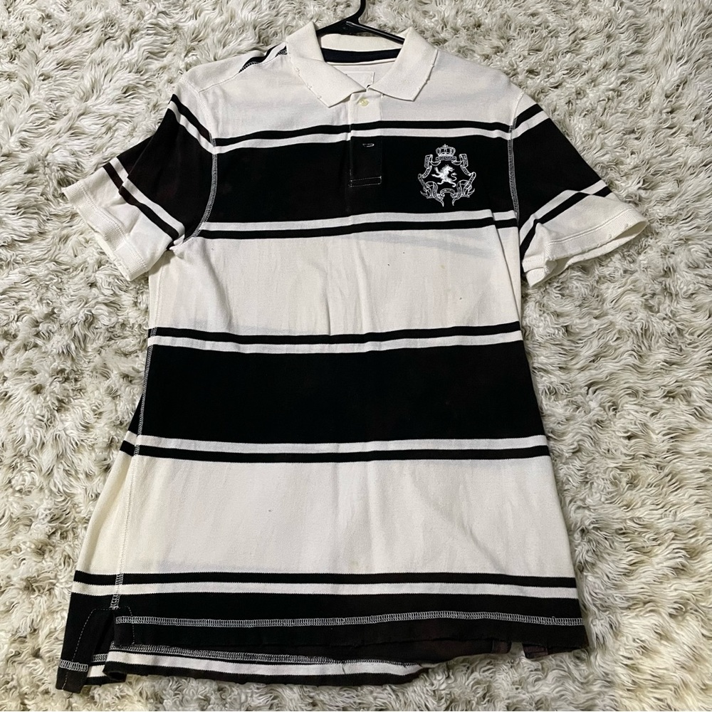 Express Polo Mens M Black White Striped Logo Short Sleeve Top Lion